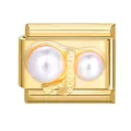 Italian charm link in gold finish with dual pearl inlay for modular bracelets - Pearl Knot