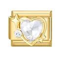 Italienisches Charm-Glied aus goldenem Edelstahl mit facettiertem Zirkonia-Herz - Herz Zirkonia