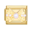 Italian charm bracelet link in gold finish with elegant bow design and pearl inlay - Pearl Bowknot