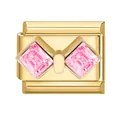 Golden stainless steel modular link charm with pink crystal bow tie design - Pink Crystal Knot