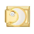 Italienischer Charm-Link aus vergoldetem Edelstahl mit weißem Emaille-Mond und Zirkon - Muschel Mond