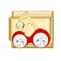 Italian charm link featuring a red enamel bicycle design with clear crystals in gold finish - Red Cherry