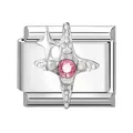 Charm modulaire en acier inoxydable avec zircon rose et motif étoile scintillante - Étoile à Quatre Branches en Strass Rose / 1x0,9 cm