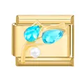 Italian charm link in gold with light blue crystals and a white pearl detail - Blue Zirconia Tulip