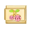 Italian modular charm in gold stainless steel with pink crystal cherries and green leaves - Pink Rhinestone Cherry