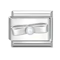 Italian style modular link charm with silver bow design and elegant white pearl inlay - Pearl Straight Bow / 1*0.9cm [out-of-stock Items Can Be Made Minimum Order 100 Pieces]