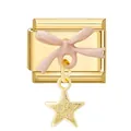 Gold stainless steel modular charm featuring pink enamel bow and textured star pendant - Bow Five-pointed Star