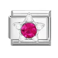 Italian charm link with star pattern and fuchsia zircon in polished stainless steel - 1*0.9cm / Rose Red Star