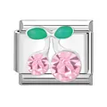 Charm style italien avec cerises en cristal rose et émail vert sur acier inoxydable - Cerise Rose / 1x0,9 cm