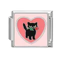 Link charm italiano con smalto rosa, cuore rosso e gatto nero in acciaio inossidabile - 1x0,9 cm / Cuore Rosa Gatto Nero (Pet-1)