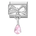 Italian charm link in silver stainless steel with pink pear-shaped gem and bow detail - Bowknot Pink Zirconia / 1*0.9cm [out-of-stock Items Can Be Made Minimum Order 100 Pieces]