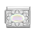 Maillon de bracelet italien avec opale ovale et zircons en acier inoxydable poli - Strass Coloré Blanc Rond / 1x0,9 cm