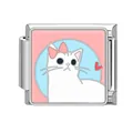 Maglia charm italiana con gatto bianco e fiocco rosa in acciaio inossidabile per bracciali - 1x0,9 cm / Sfondo Blu Chiaro Fiocco Gatto Bianco (Pet-4)