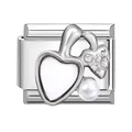 Charme italien en acier inoxydable avec double cœurs blancs et perle pour bracelet - Pomme Blanche / 1x0,9 cm