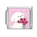 Modulo per bracciale italiano con cucciolo bianco e tulipano rosa in smalto lucido - 1x0,9 cm / Sfondo Rosa Tulipano Cane Bianco (Pet-7)