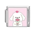 Italian charm bracelet link in stainless steel with a cute puppy and red tulips design - 1x0.9cm / White Dog Holding Tulips (Pet-9)