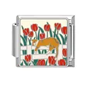 Italian charm link featuring an orange cat on a white fence with red tulips - Orange Cat and Tulip Fence Style (Pet-5)
