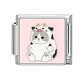 Italian charm link featuring a cartoon cat in a cow costume with pink enamel background - 1x0.9cm / Grey Cat in Cow Costume (Pet-12)