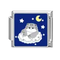 Italian charm link with cute gray cat on moon and cloud blue enamel modular design - Moon Star Cloud Kitten Style (Pet-6)