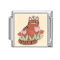 Maglia per bracciale italiano in acciaio con gatto marrone e tulipani rosa smaltati - 1x0,9 cm / Gatto Striato tra i Tulipani (Pet-13)