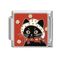 Italian charm link featuring a cute black cat with polka dot hat on red background - Black Cat with Flower Red Background Style (Pet-9)