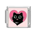Italian charm bracelet link in stainless steel with a black cat and pink heart - 1x0.9cm / Pink Heart Black Cat Head (Pet-16)