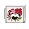 Italian charm bracelet link with a sleeping tuxedo cat and pomegranate on pink enamel - Sleeping Cat and Pomegranate Style (Pet-10)