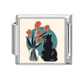 Italian style stainless steel charm with black cat and tulip enamel illustration - Black Cat Illustration Blue Background Style (Pet-11)