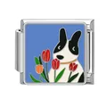 Italian modular link with blue enamel, cartoon puppy and tulips for DIY charm bracelet - Dog and Tulip Illustration Style (Pet-12)