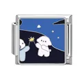 Italian charm link featuring cute white puppies and starry night sky in enamel finish - Starry Sky Fireworks Puppy Style (Pet-13)