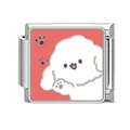 Italian charm bracelet link with cute white dog and paw prints on coral pink enamel - Pink Paw Print Puppy Style (Pet-15)