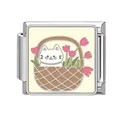 Italian charm bead with cute white kitten and pink tulips in a woven basket - Kitten in Flower Basket Illustration Style (Pet-16)