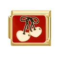 Italian charm bracelet link in gold finish featuring red enamel and white heart cherries - Gold White Cherry