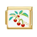Italian charm link with red cherry pattern on white enamel and gold finish base - Gold Branch Cherry