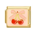 Charm modulare italiano dorato con ciliegia in smalto rosa e fiocco per bracciali fai-da-te - Ciliegia Rosa Oro