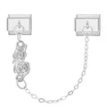 Charm modulare italiano in acciaio inox argento con doppi ciondoli a rosa e catena di sicurezza - Stile Doppia Rosa Base Acciaio