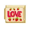 Italian charm link with gold finish, LOVE lettering and red strawberry motifs - Gold LOVE Cherry
