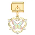 Italian charm link with gold finish featuring a butterfly pendant and white crystals - Iridescent Butterfly Style (#14)