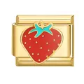 Maillon de charme italien avec fraise rouge sur une base en acier inoxydable doré poli - Or Fraise