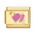 Maglia charm italiana con doppio cuore in smalto rosa su base in acciaio inossidabile oro - Base Oro Doppi Cuori Magenta