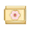 Italian style gold bracelet link featuring a delicate pink enamel flower pendant - Gold Base Pink Flower