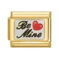 Italian charm link with 'Be Mine' text and red heart in a gold frame for DIY bracelets - Gold Base Be Mine