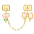 Golden Italian charms with pink tulip enamel and pearl bow pendant for bracelets - Tulip And Bow