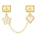 Italian charm bracelet safety chain with 18k gold flower pearl and white heart pendants - White Flower & White Heart
