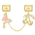 Italian style gold stainless steel modular links with pink butterfly and cherry charms - Butterfly & Cherry