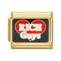 Charm modulare italiano in oro con smalto nero e cuore rosso con scritta RICH Guys - Base Oro Rich Guys