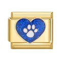 Charm modulare italiano base oro con cuore glitter blu e impronta di zampa bianca - Base Oro Zampa di Gatto