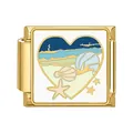 Charm modulare italiano in oro con motivo a cuore smaltato a tema spiaggia e mare - Base Oro Conchiglia Cuore