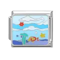 Italian charm bracelet link with ocean motif featuring yellow fish and blue waves - Marine-2 / 1*0.9cm