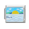 Italian modular charm in stainless steel featuring an enamel sunset and ocean landscape - Ocean-7 / 1*0.9cm